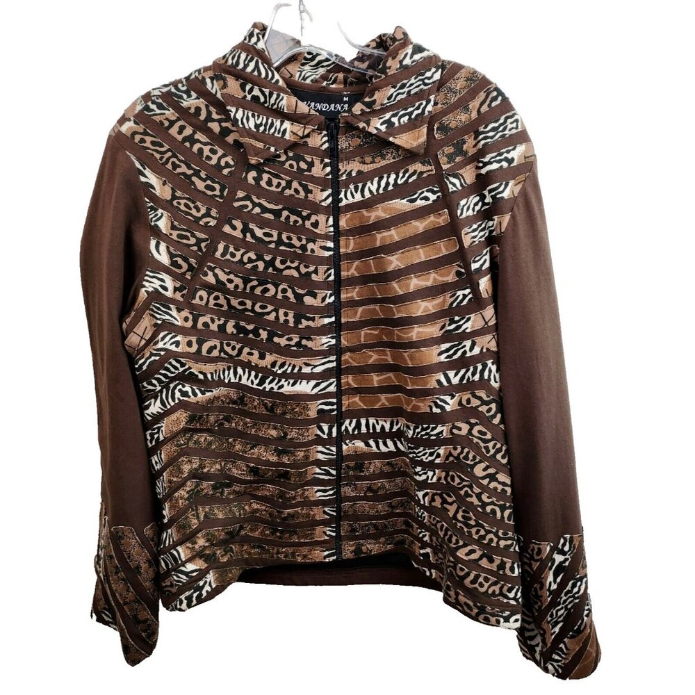 Vandana Womens Wearable Art Jacket Medium Brown Striped Burnout Animal Print